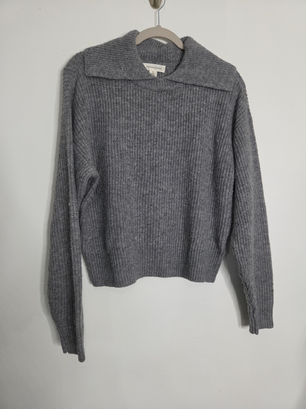 Treasure & Bond Grey Chunky Ribbed Split Collar Polo Sweater Women's Medium M